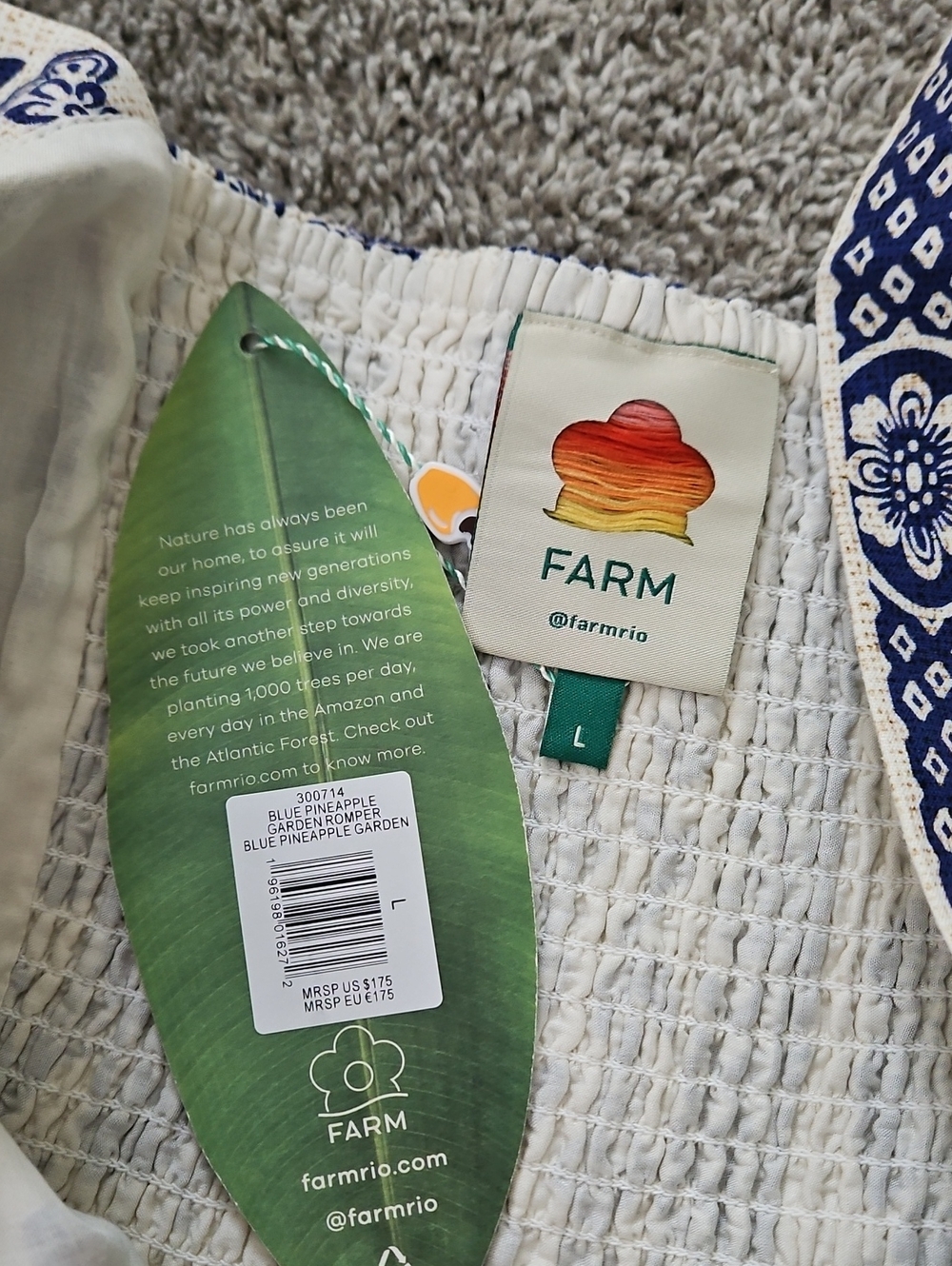 Nwt Farm Rio Blue and White Floral Tie-Waist Romper L - Picture 9 of 12